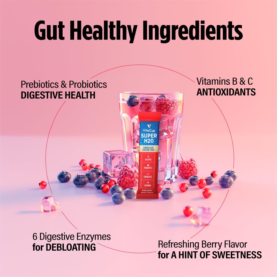 VitaCup Super H2O Bloating Relief and Digestive Health Drink Mix Packets, Probiotics, Prebiotics, C & B Vitamins, Mixed Berry Flavor Water Enhancer Packets, 16Ct VitaCupAu supplements