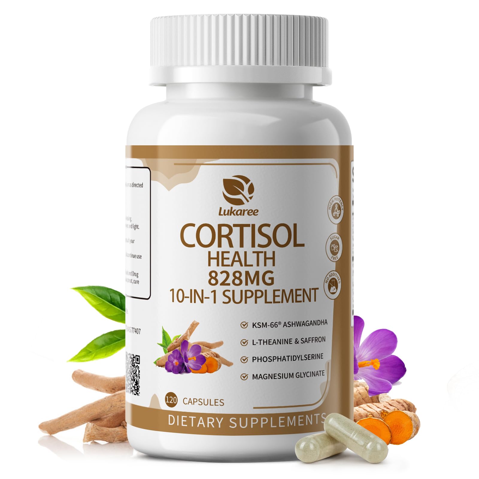 10-IN-1 Cortisol Supplements w/ KSM-66® Ashwagandha 300mg + L-Theanine 250mg, Magnesium Glycinate, Saffron, Phosphatidylserine, Turmeric & Vitamin C D3 B6 B5, For Women Men, 120 Capsules 60-Day Supply LukareeAu supplements