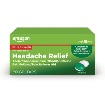 Amazon Basic Care Extra Strength Headache Relief Geltabs, Pain Reliever for Arthritis, Menstrual Pain and Cramps, 80 Count Amazon Basic CareAu supplements