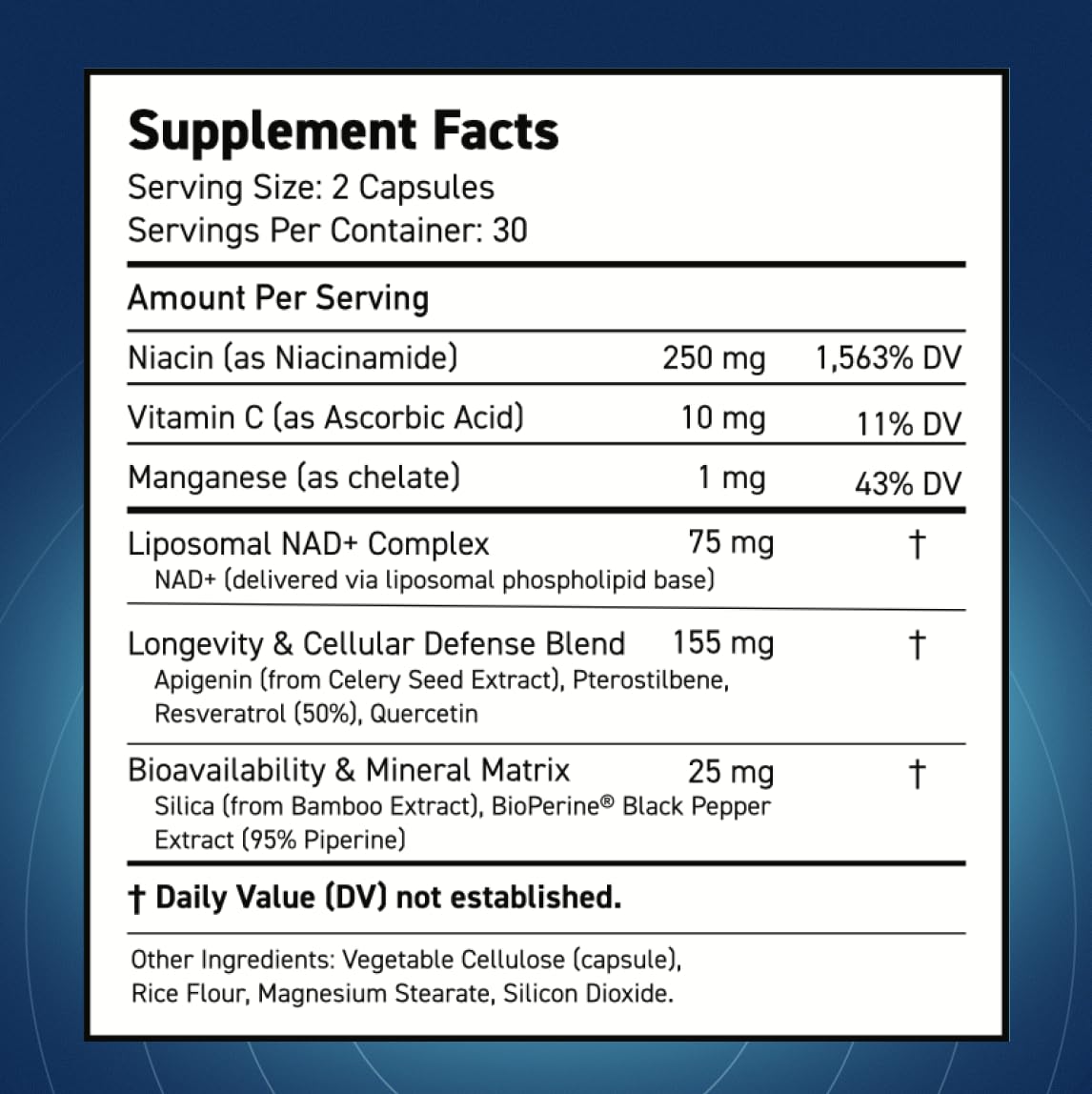 Blue Haven Rx NAD+ Supplement - NMN Alternative with Liposomal NAD+, Trans Resveratrol, Manganese, Apigenin Plus Pterostilbene for Women and Men, Anti Aging Support Blue Haven RxAu supplements