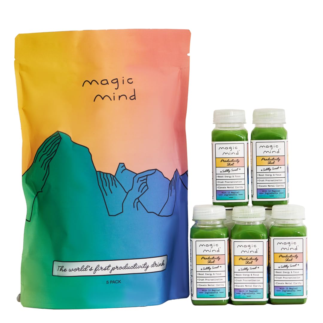 Magic Mind Focus Energy Drink Shots - No Jitters, Stress Relieving, Ashwagandha, Functional Mushrooms, Matcha Green Tea, Vitamin B12, Vitamin C - 2 FL Oz (5 Pack) Magic MindAu supplements
