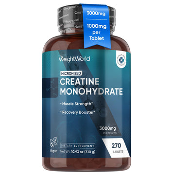 WeightWorld Micronized Creatine Monohydrate 3000mg Vegan Tablets | Muscle Strength & Recovery Booster | 3 Months Supply - 270 Tabs | Creatine for Women & Men | Non-GMO, Gluten-Free | 3 Tablets a Day WeightWorldAu supplements