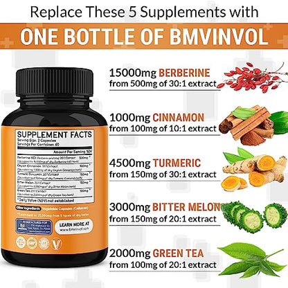 Berberine 𝟏𝟓𝟎𝟎𝟎𝐦𝐠 Ceylon Cinnamon 𝟏𝟎𝟎𝟎𝐦𝐠 Turmeric 𝟒𝟓𝟎𝟎𝐦𝐠 Green Tea 𝟐𝟎𝟎𝟎𝐦𝐠 BMVINVOLUS supplements