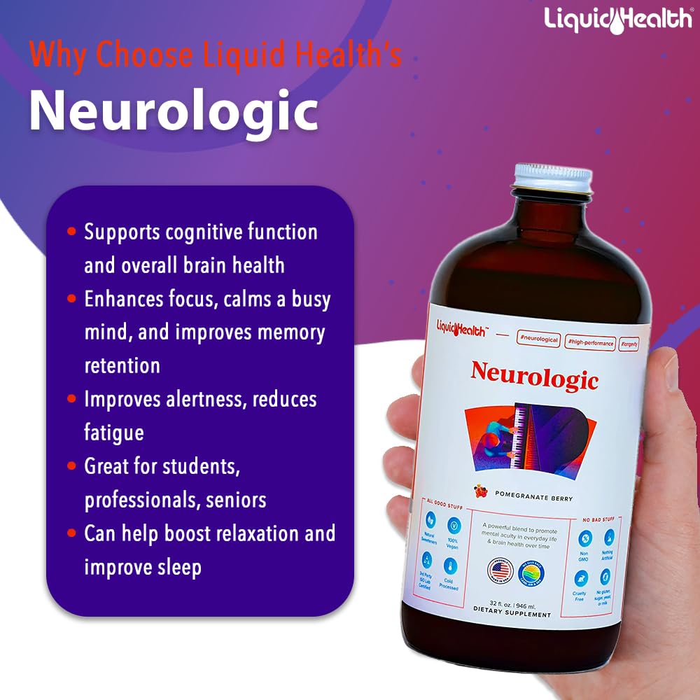 LIQUIDHEALTH Neurologic Focus Supplement - Brain Booster Nootropic Supplement for Cognitive Function, Memory & Focus with Ginkgo Biloba, Choline, L-Theanine & Phosphatidylserine - USA Made (32 oz) LIQUIDHEALTHAu supplements