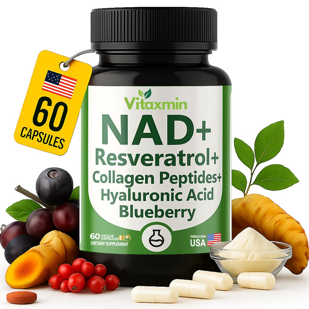 vitaxmin NAD Resveratrol Supplement 200mg with Berberine NAC Collagen - Nicotinamide Riboside NMN NADH CoQ10 Biotin Hyaluronic Acid - Hair Skin Nails Supplement - 60 Capsules vitaxminAu supplements