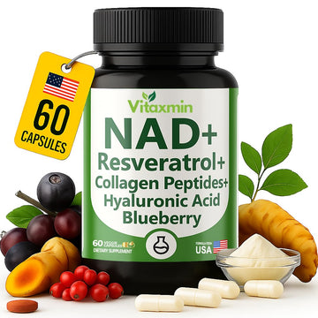 vitaxmin NAD Resveratrol Supplement 200mg with Berberine NAC Collagen - Nicotinamide Riboside NMN NADH CoQ10 Biotin Hyaluronic Acid - Hair Skin Nails Supplement - 60 Capsules vitaxminAu supplements