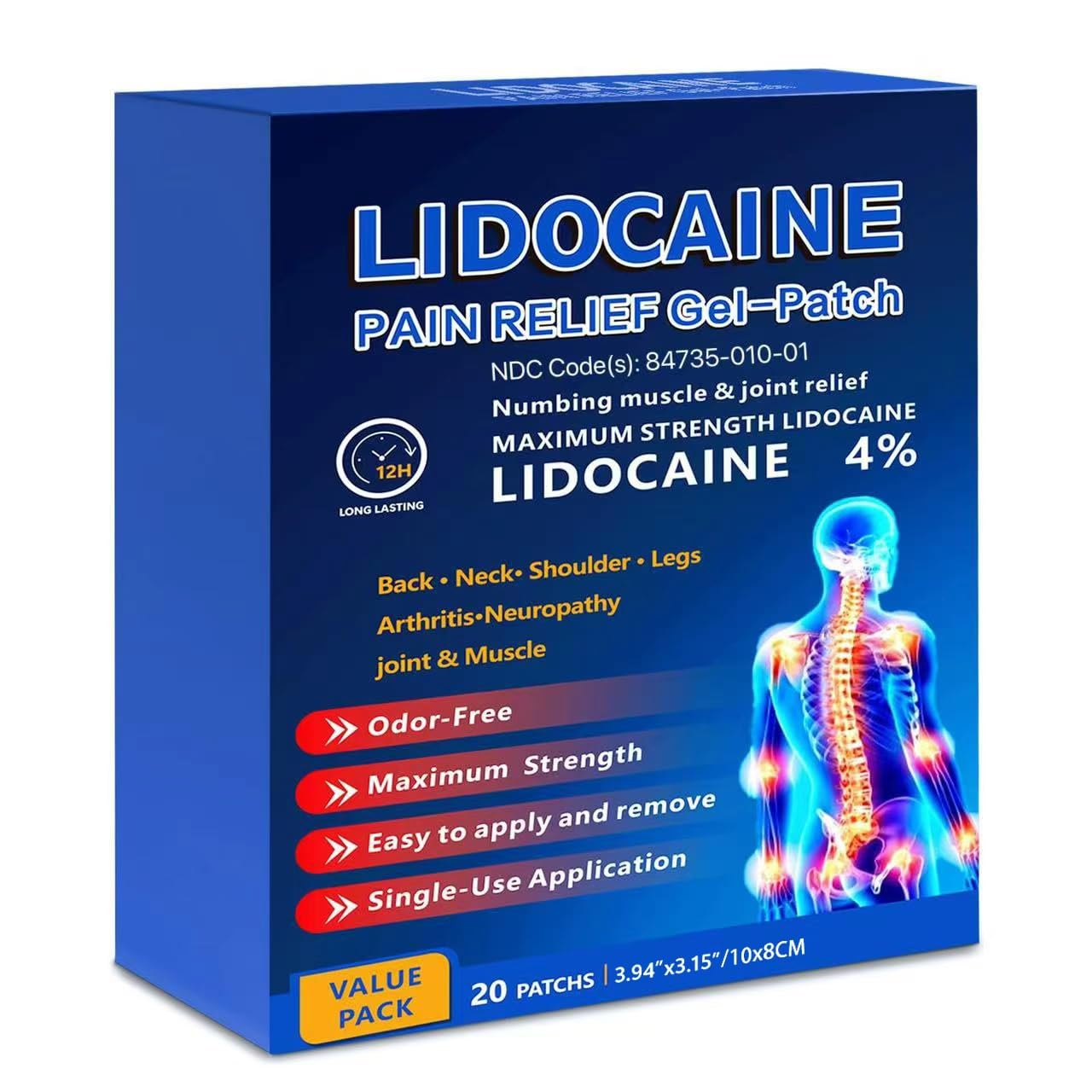 KIbabyDI Professional Lidocaine Pain Relief Patches - 20 Count | 4% Medicated Gel Patches for Targeted Joint & Muscle Comfort | Long-Lasting 12-Hour Relief, Ultra-Flexible Design -lb263 KIbabyDIAu supplements