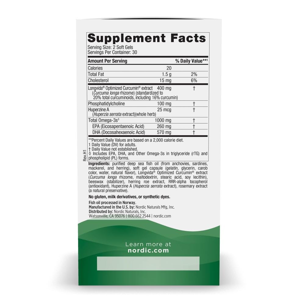 Nordic Naturals Memory Support with Curcumin - 60 Soft Gels - 1000 mg Omega-3 + 400 mg Optimized Curcumin - Memory, Cognition - Contains Phosphatidylcholine & Huperzine A - Non-GMO - 30 Servings Nordic NaturalsAu supplements
