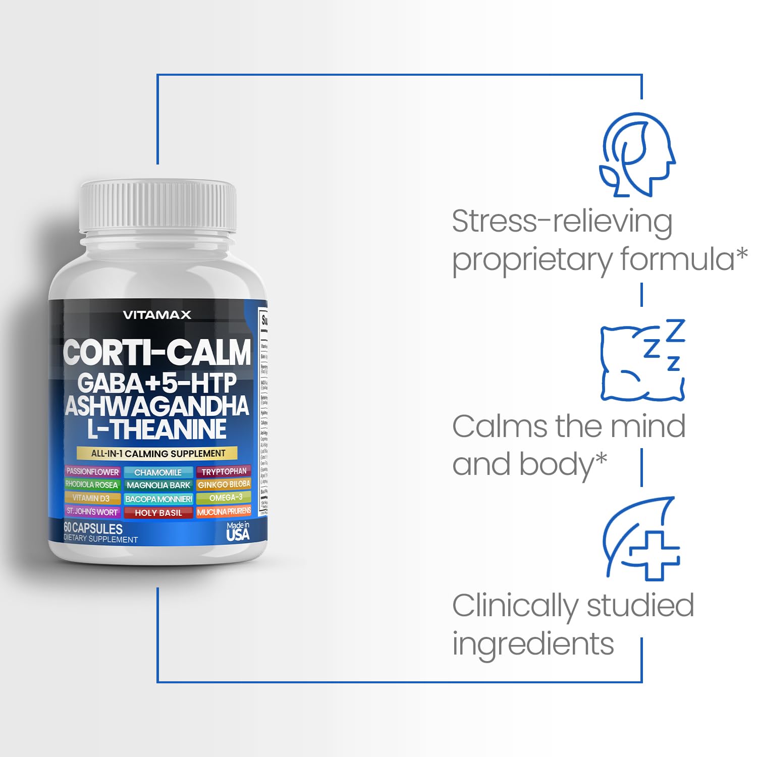 Corti-Calm Cortisol Supplement, L Theanine, Ashwagandha, Vitamin D 3, GABA for Relaxation, Fatigue & Focus with Ginkgo Biloba, Bacopa Monnieri, 5-HTP – Non-GMO, Made in USA – 60ct VitamaxAu supplements