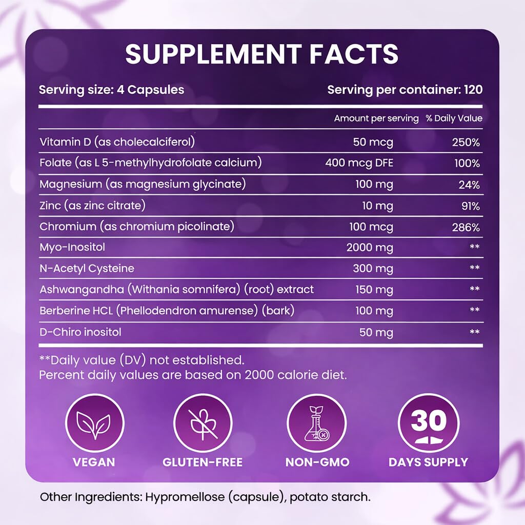 The Pink Bloom Myo & D-Chiro Inositol 40:1 Ratio – 120 Capsules | Myo Inositol Supplement for Women with Vitamin D, Ashwagandha, Folate & Zinc | Supplement for Hormone Balance & Ovarian Health The Pink BloomAu supplements