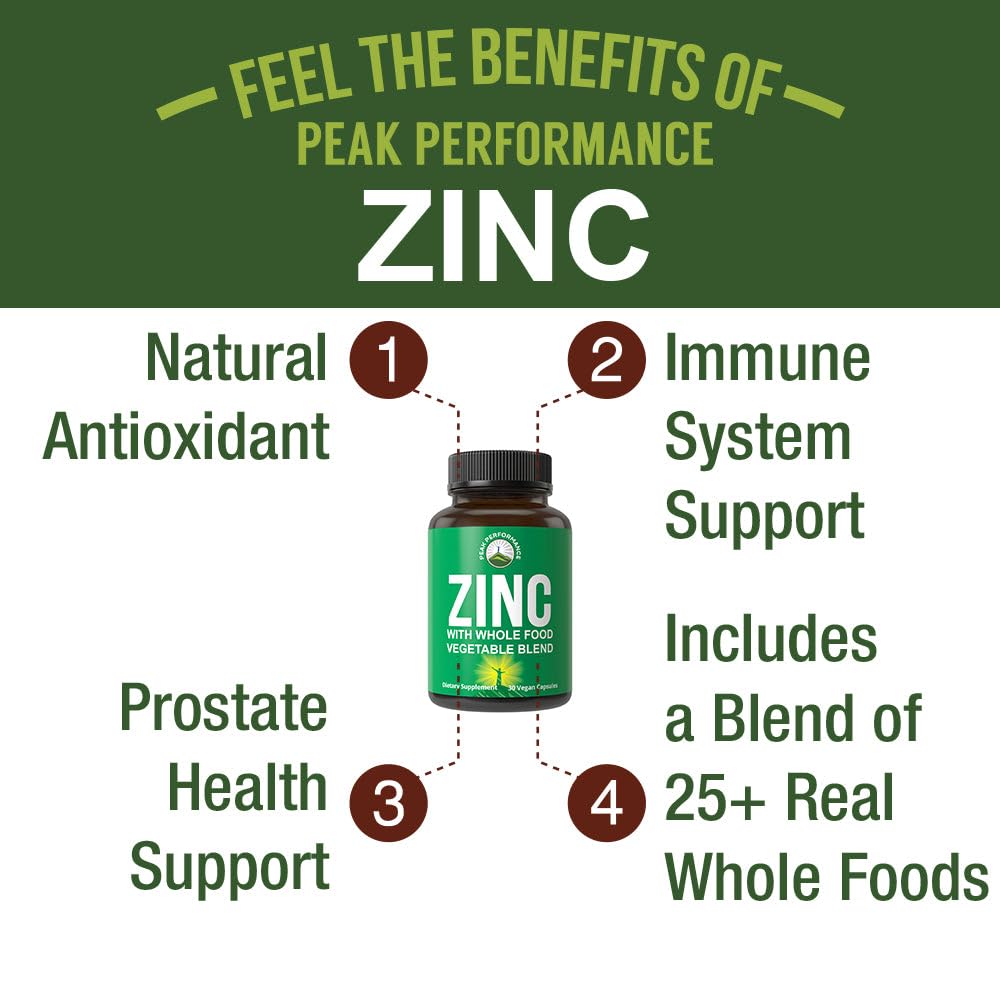 Vegan Zinc Supplement with Vitamin C + Whole Food Blend of 25 Vegetables and Fruits for Max Absorption. Zinc Supplements 30mg Capsules, Pills, Tablets, Vitamins for Adults Both Men and Women Peak PerformanceAu supplements