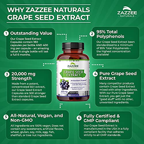 Zazzee High Strength Grape Seed 50:1 Extract, 20,000 mg Strength, 180 Vegan Capsules ZazzeeUS supplements