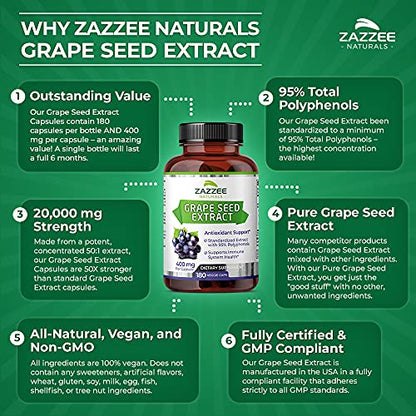 Zazzee High Strength Grape Seed 50:1 Extract, 20,000 mg Strength, 180 Vegan Capsules ZazzeeUS supplements