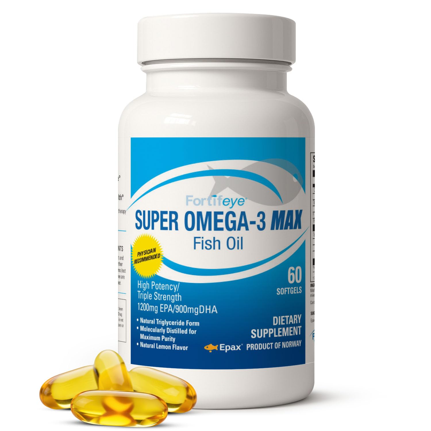 Super Max Omega-3 Fish Oil 2400 mg 30 Days, 60 Capsules - High Potency Fish Oil Omega 3 Supplements for Women & Men, Triglyceride Form with EPA and DHA Supplements No Fishy After Taste Lemon Flavor Fortifeye VitaminsAu supplements