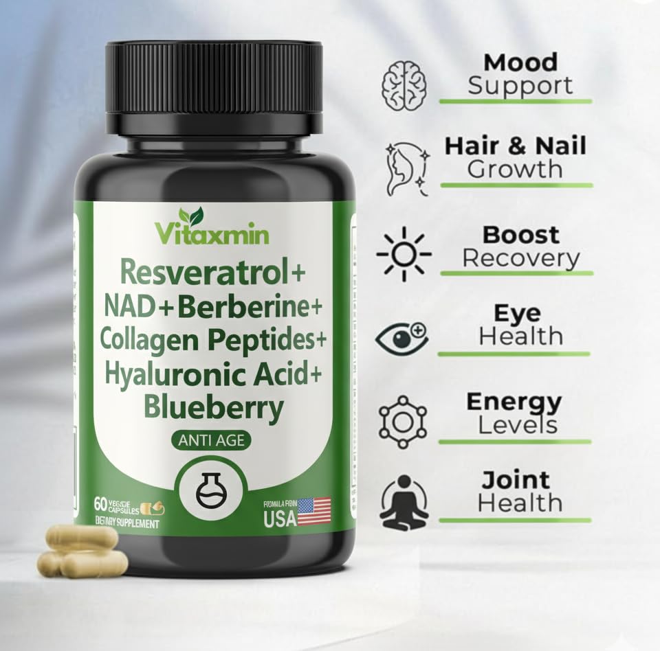 vitaxmin NAD Resveratrol Supplement 200mg with Berberine NAC Collagen - Nicotinamide Riboside NMN NADH CoQ10 Biotin Hyaluronic Acid - Hair Skin Nails Supplement - 60 Capsules vitaxminAu supplements