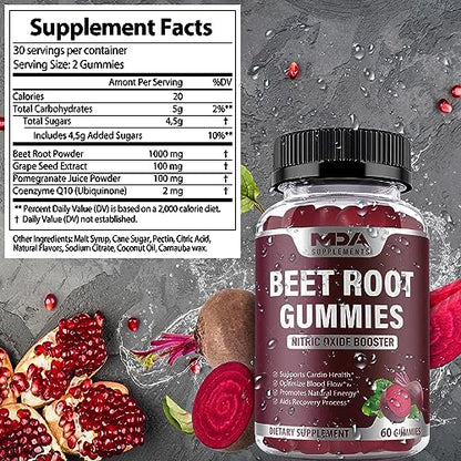 Beet Root Gummies with CoQ10, Energy, and Circulation Support, Pre Workout Nitric Oxide MDA SupplementsUS supplements