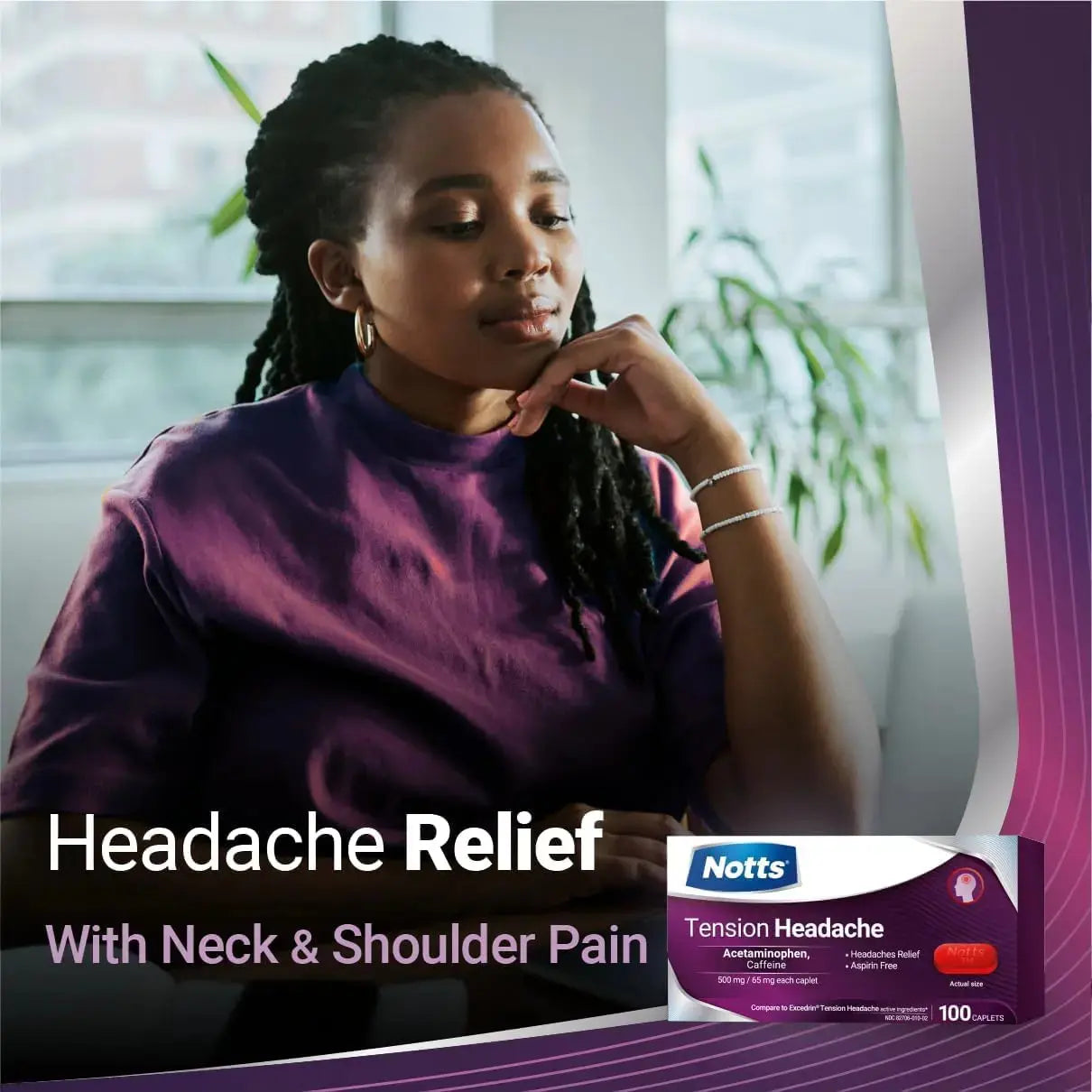 NOTTS Tension Headache Relief Without Aspirin for Head, Neck & Shoulder Pain - 100 Count, Acetaminophen 500 mg Caffeine 65 mg Caplets, for Aches Caused by Tension and Stress. Headache Relief caplets NOTTSAu supplements