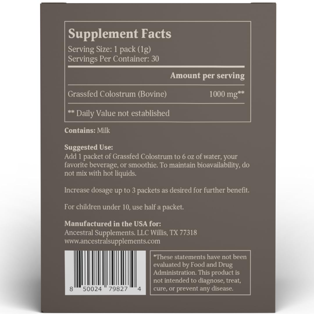 Ancestral Supplements Grass Fed Beef Bovine Colostrum Powder Packets, Immune Support Ancestral SupplementsUS supplements