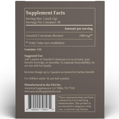Ancestral Supplements Grass Fed Beef Bovine Colostrum Powder Packets, Immune Support Ancestral SupplementsUS supplements