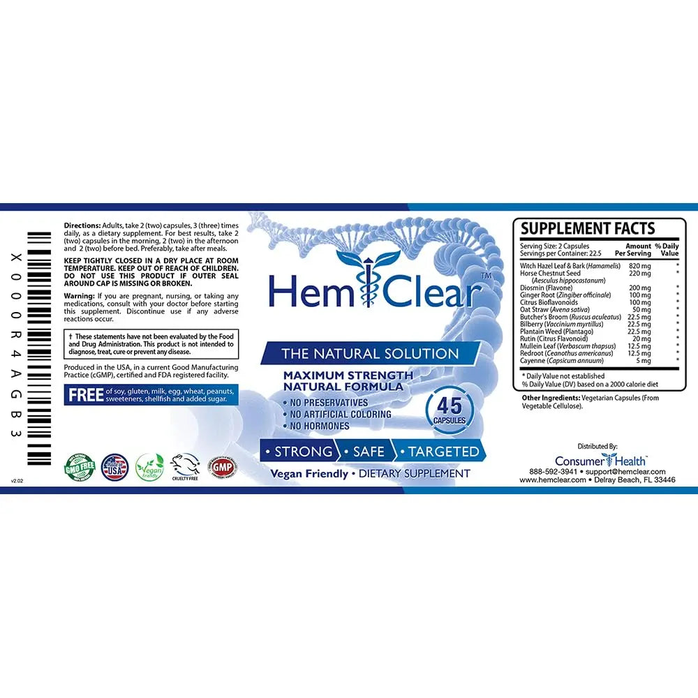 HemClear for Hemorrhoids - Vegan Formula for Hemorrhoid Relief & Vascular Health - Maximum Strength 2 Bottle 90 Capsules HemclearAu supplements