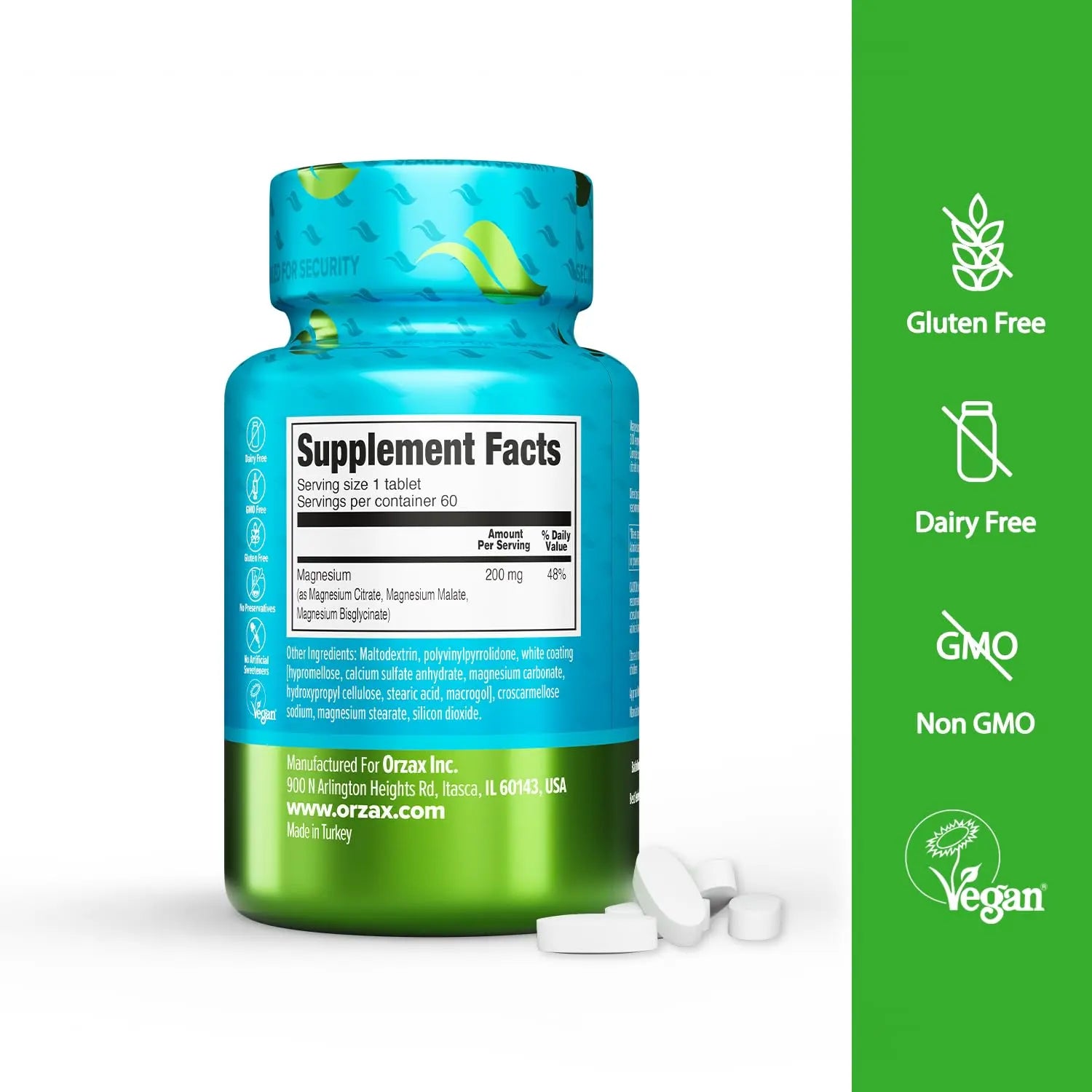 ORZAX Magnesium Triple Complex | Magnesium Glycinate, Citrate, Malate | Vegan, Gluten Free, Dairy Free, Halal | 200 mg of Triple Complex Magnesium for Muscles & Energy for Women and Men | 60 Tablets ORZAXnz supplements