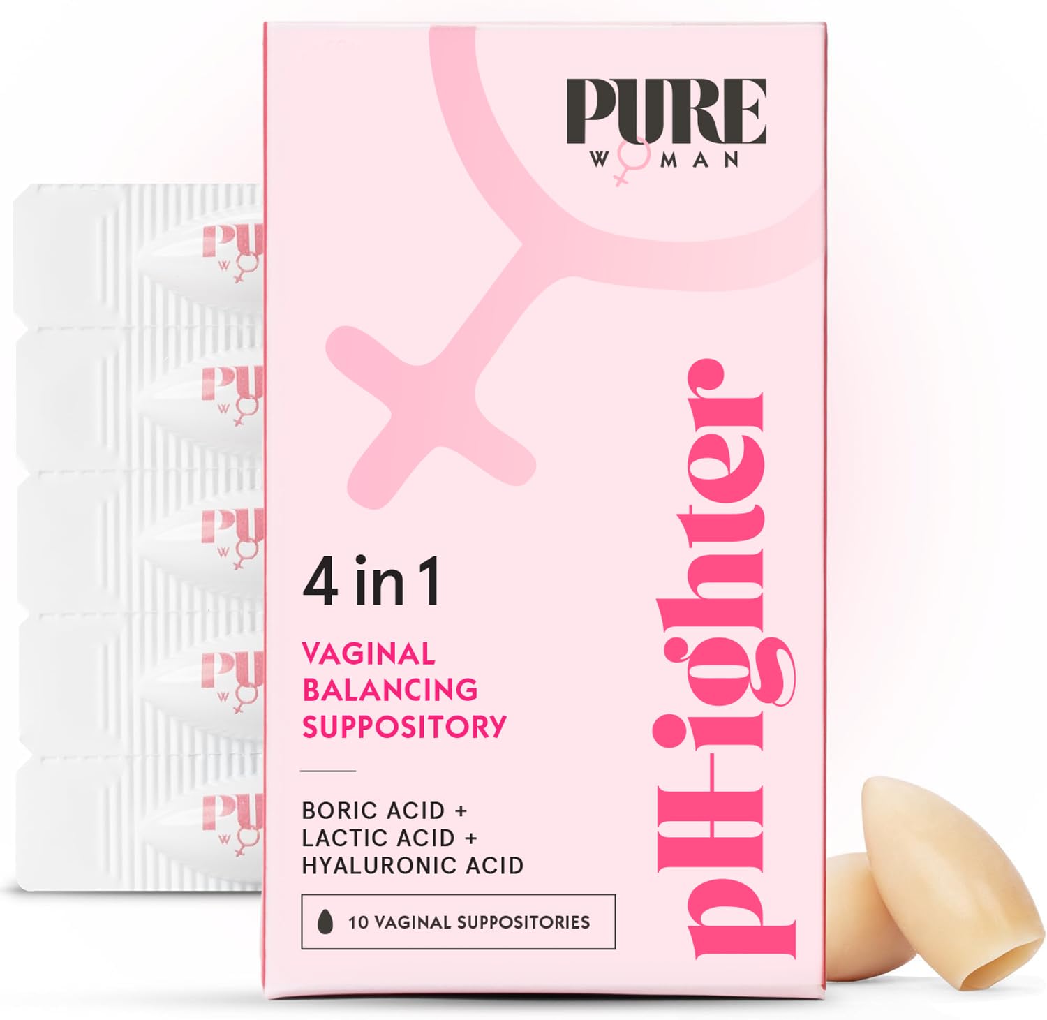 PURE WOMAN - pH-ighter Vaginal Boric Acid Suppositories for Women - Hyaluronic Acid - 4 in 1 Vaginal Suppositories for Discomfort, Dryness, Odor & pH Balance- Full Vaginal Health Care - 5pk PURE WOMANUS supplements