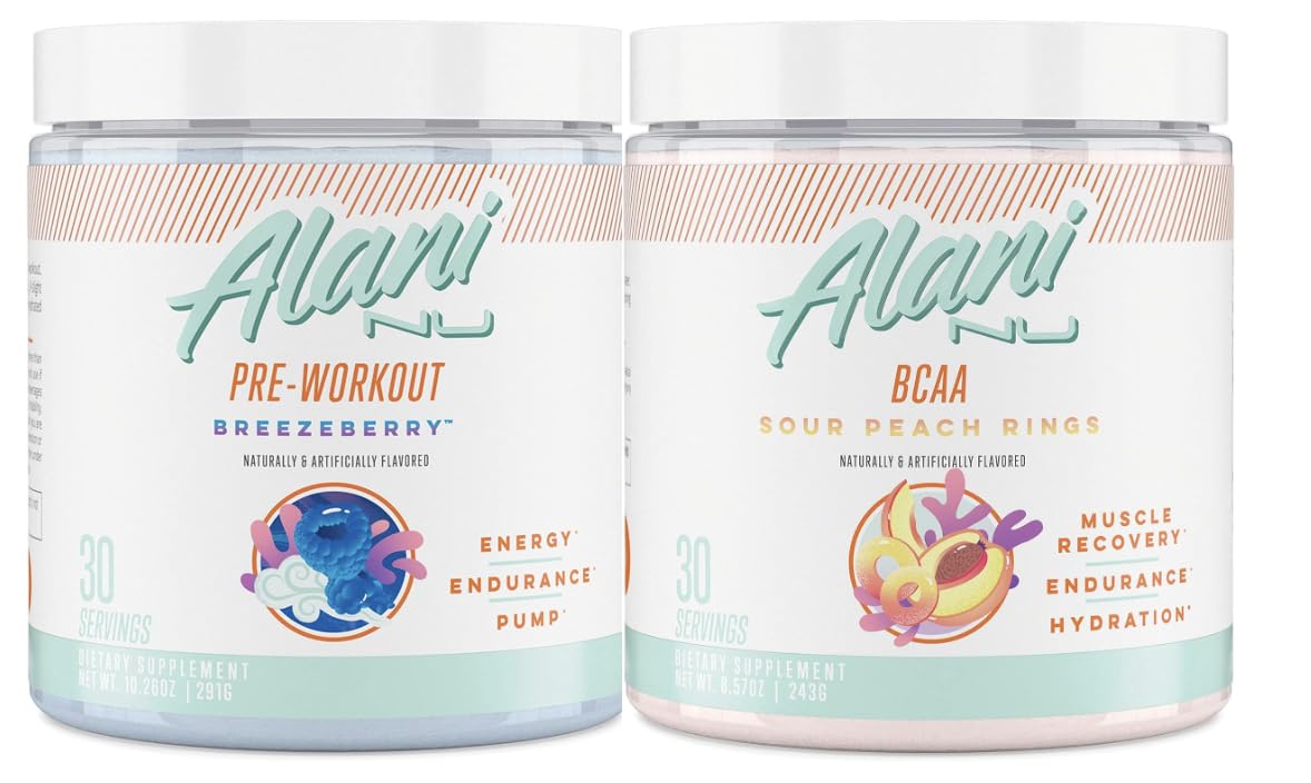Alani Nu Breezeberry Pre Workout and BCAA Sour Peach Rings Post Workout Powder Alani NuAu supplements