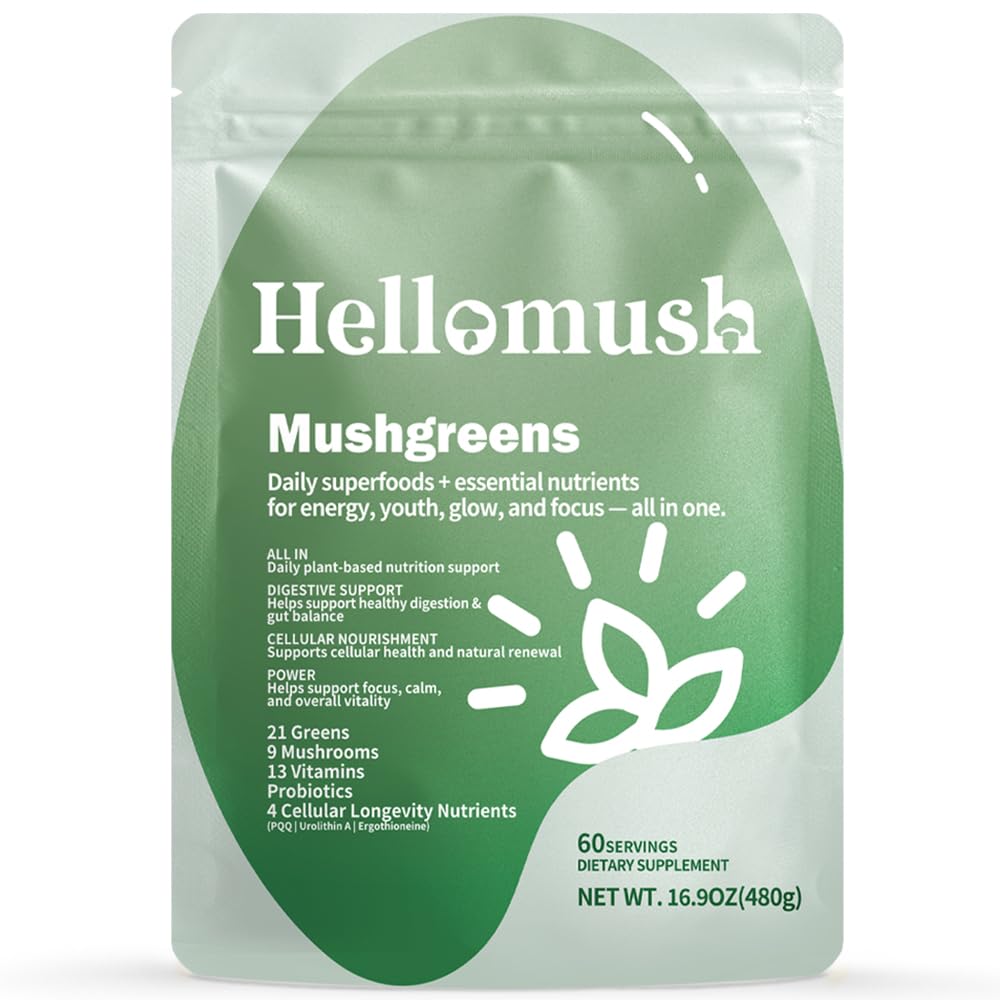 Hellomush Super Greens Powder Superfood, Daily Green Powder Supplement with Probiotics Drink Mix for Men & Women, Blend of Greens, Mushrooms, Vitamins, Probiotics and Cellular Nutrients HellomushAu supplements