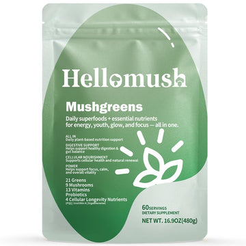 Hellomush Super Greens Powder Superfood, Daily Green Powder Supplement with Probiotics Drink Mix for Men & Women, Blend of Greens, Mushrooms, Vitamins, Probiotics and Cellular Nutrients HellomushAu supplements