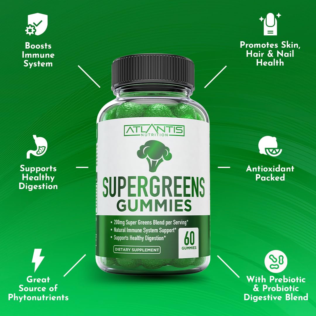 Atlantis Nutrition Supergreens Gummies - Daily Green Superfoods Supplement with Spinach, Broccoli, Moringa, Beet Root, Celery, Green Tea, & Acai for Immunity Support - Natural Raspberry Flavor, 60 cnt Atlantis NutritionAu supplements