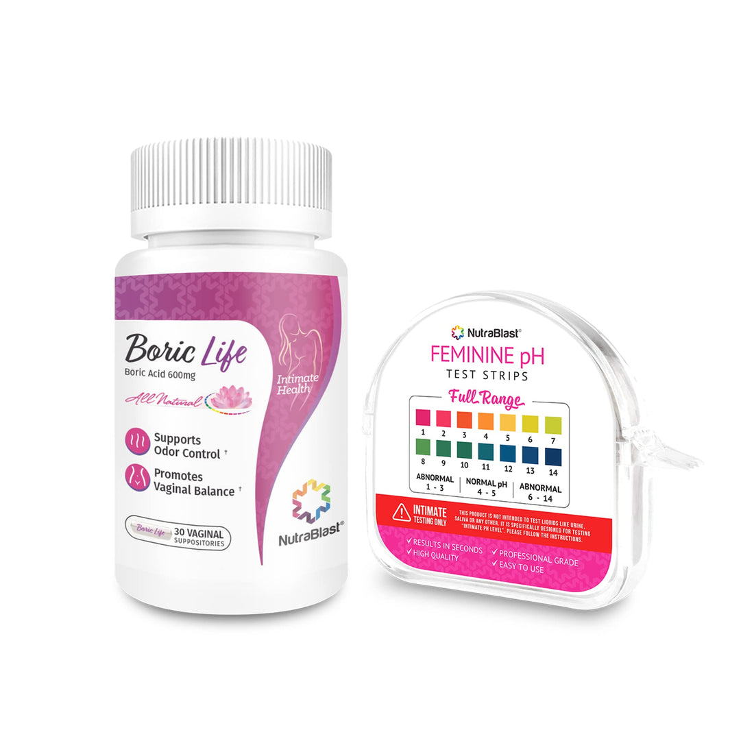 NutraBlast Boric Acid Vaginal Suppositories 600mg (30 Count) & Feminine pH Test Strips 1-14 (100-Tests Roll) | Monitor Feminine Intimate Health | Acidity & Alkalinity Balance NutraBlastUS supplements