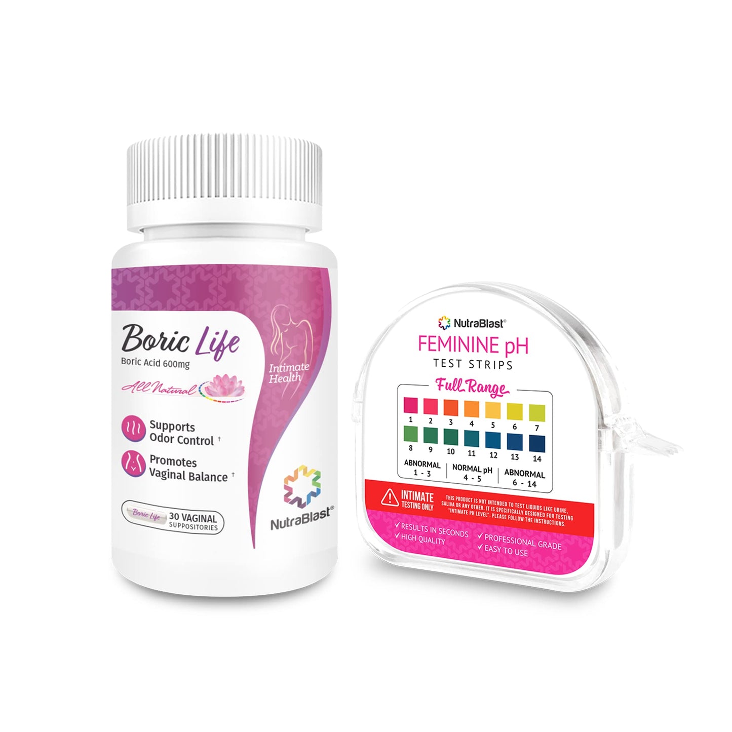 NutraBlast Boric Acid Vaginal Suppositories 600mg (30 Count) & Feminine pH Test Strips 1-14 (100-Tests Roll) | Monitor Feminine Intimate Health | Acidity & Alkalinity Balance NutraBlastUS supplements