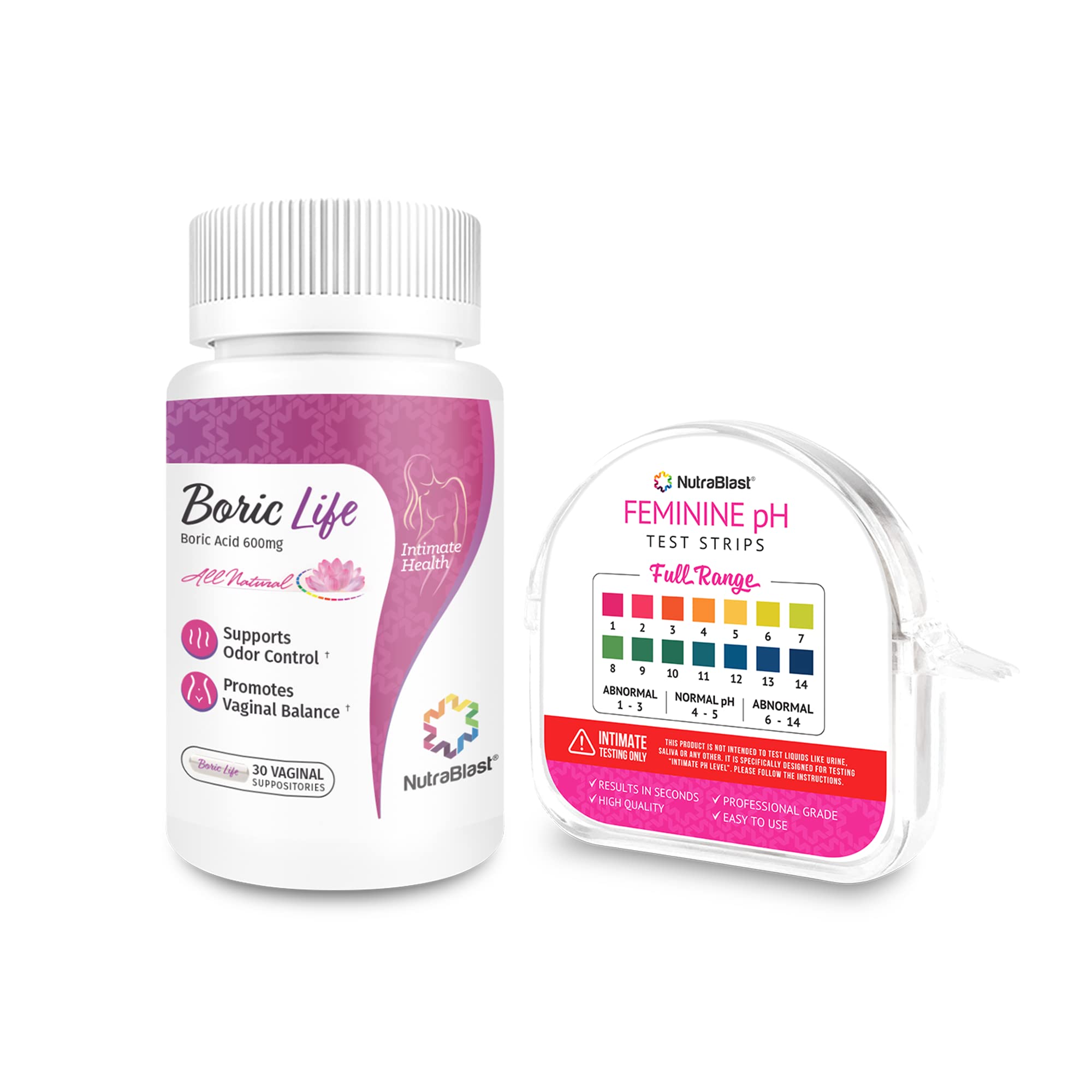 NutraBlast Boric Acid Vaginal Suppositories 600mg (30 Count) & Feminine pH Test Strips 1-14 (100-Tests Roll) | Monitor Feminine Intimate Health | Acidity & Alkalinity Balance NutraBlastUS supplements
