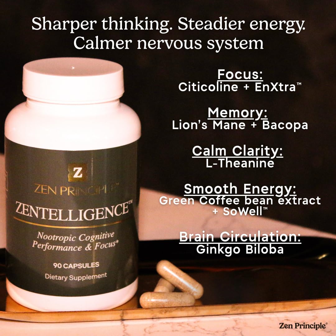 Zen Principle Zentelligence™ Focus Nootropic Supplement for Students & Professionals | Energy, Memory & Stress Support | Jitter-Free Formula with L-Theanine, Ginkgo Biloba, Huperzine A. 90 Capsules Zen PrincipleAu supplements