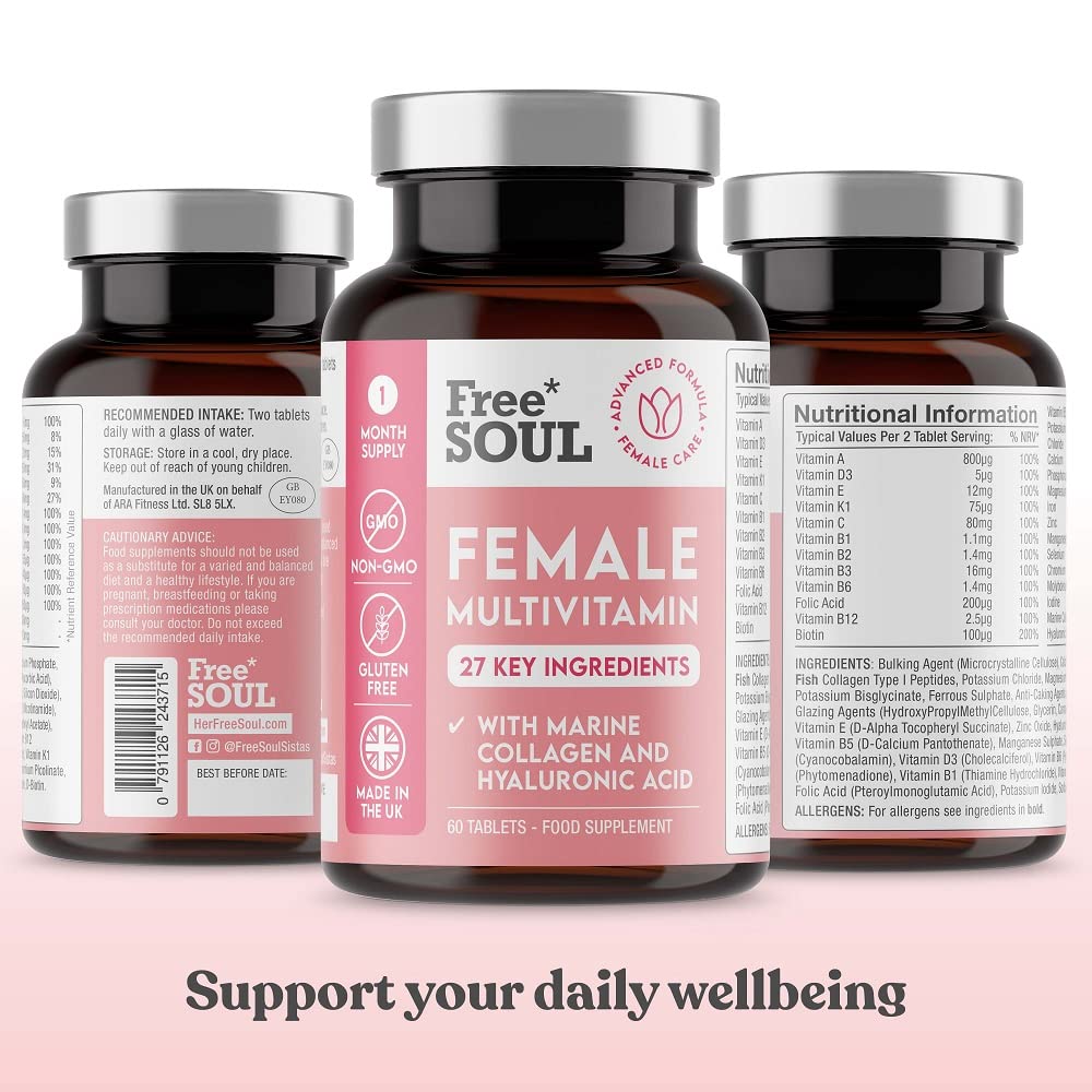 Women's Multivitamins and Minerals with Collagen & Hyaluronic Acid - 27 Essential Free SoulUS supplements