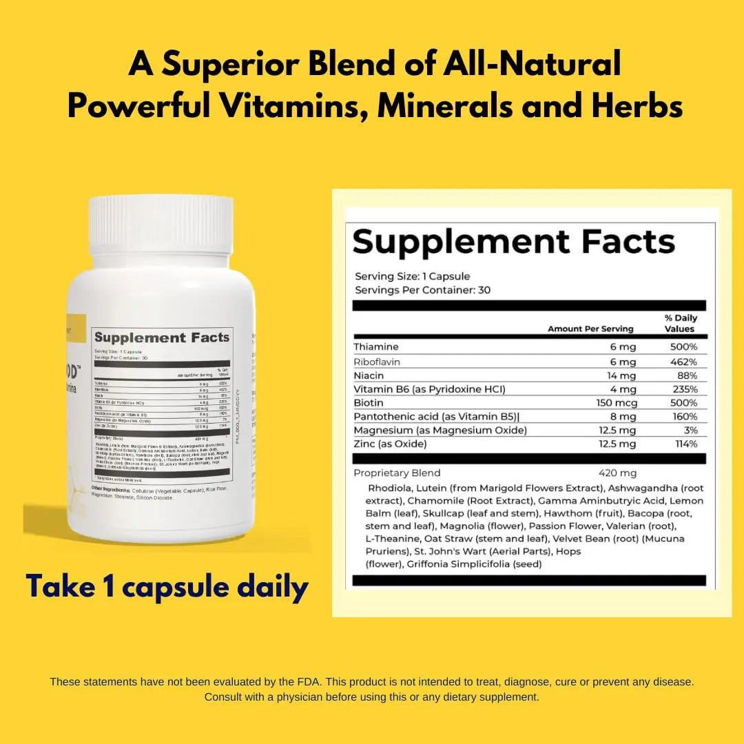 4BETTERMOOD Positivity & Stamina Capsule (30ct) Premium Mood Supplement - Enhance Mood & Promote Emotional Balance - Rhodiola, L-Theanine. Bocopa monnnieri, Velvet Bean, Skull Cap & Ashwaganda. 4BETTERMOOD Positivity & Staminanz supplements