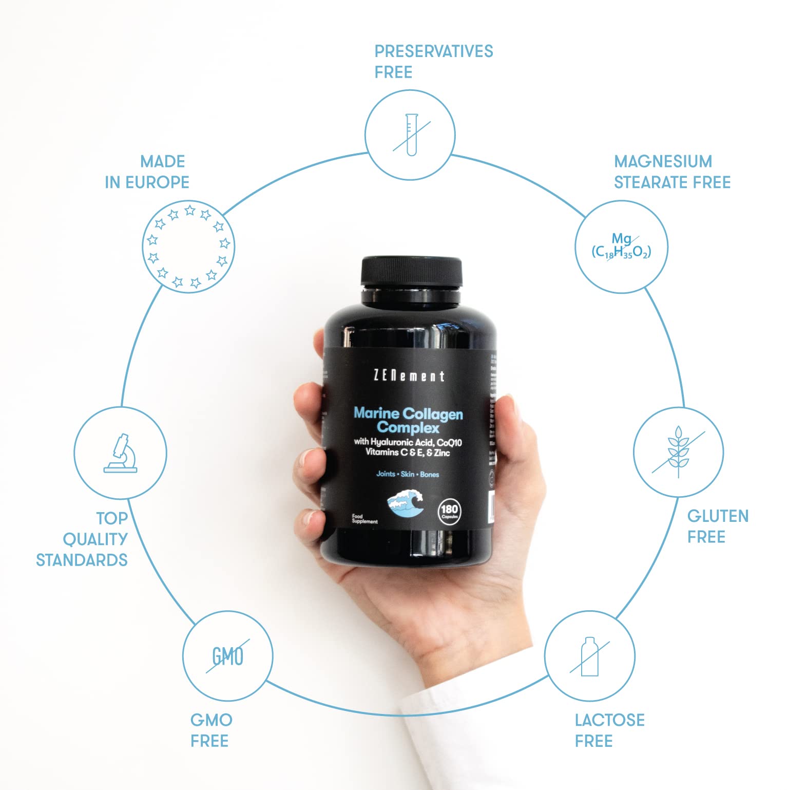 Marine Collagen Complex, with Hyaluronic Acid, CoQ10, Vitamins C & E, & Zinc, 180 Capsules ZenementAu supplements