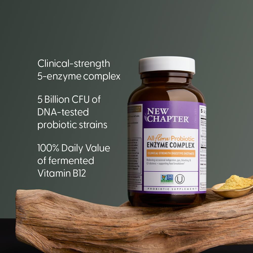 New Chapter All-Flora Enzyme Complex with Probiotics Relieves Bloating & Gas - Clinical-Strength Digestive Enzymes + Ultra-Concentrated Probiotics + Fermented Vitamin B12, 90 Vegan Capsules New ChapterAu supplements