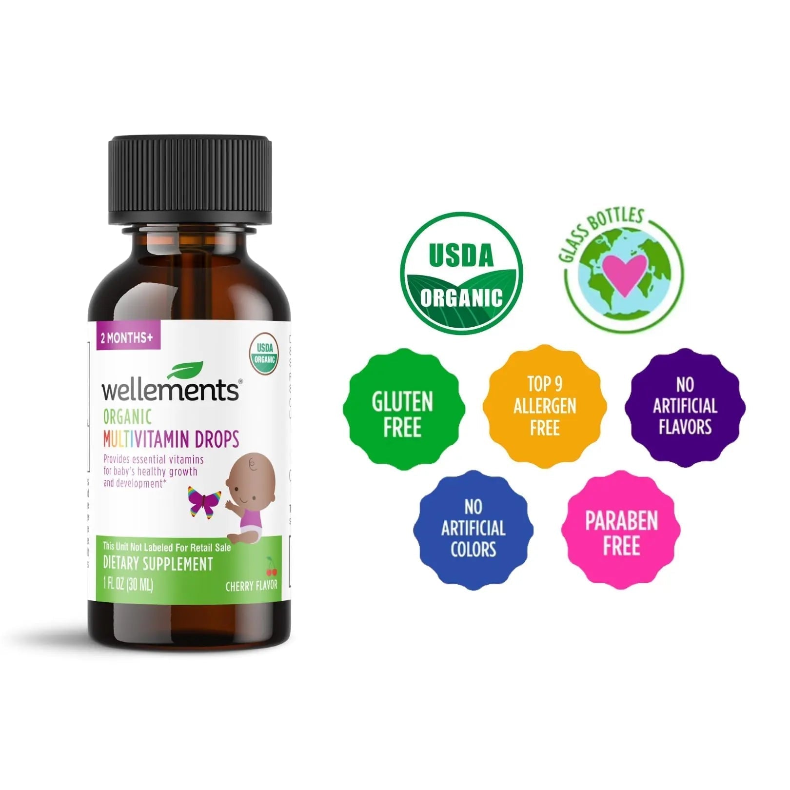 Wellements Organic Baby Multivitamin Drops (1 Fl Oz) - Cherry Flavor Liquid Multivitamins for Infants & Toddlers (2 Months+) WellementsAu supplements