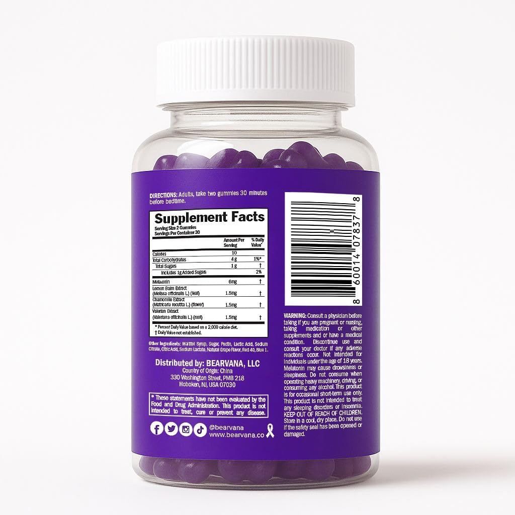 BEARVANA Sleep Gummies with Melatonin | Grape Flavored Vegan Sleep Supplement with Lemon Balm, Chamomile & Valerian Root | Night time Relaxation & Rest Support | 60 Gummies BEARVANAAu supplements