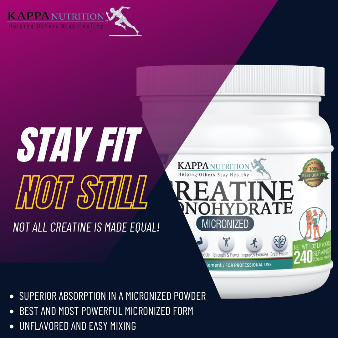 Kappa Nutrition Creatine Monohydrate Powder, Pure Amino Acid Formula, Supports Muscle Strength, Cellular Energy & Mental Focus* Gluten-Free, Keto, 2.25g per Scoop, 240 Servings, Net Wt. 1.32 LB (600g) KAPPA NUTRITIONAu supplements