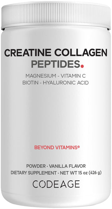 Codeage Creatine Collagen Peptides - Creatine Monohydrate Powder Supplement, Wild-Caught Marine Collagen, Biotin, Magnesium, Vitamin C, Hyaluronic Acid - Vanilla Flavored - Non-GMO - 15 Oz CodeageAu supplements