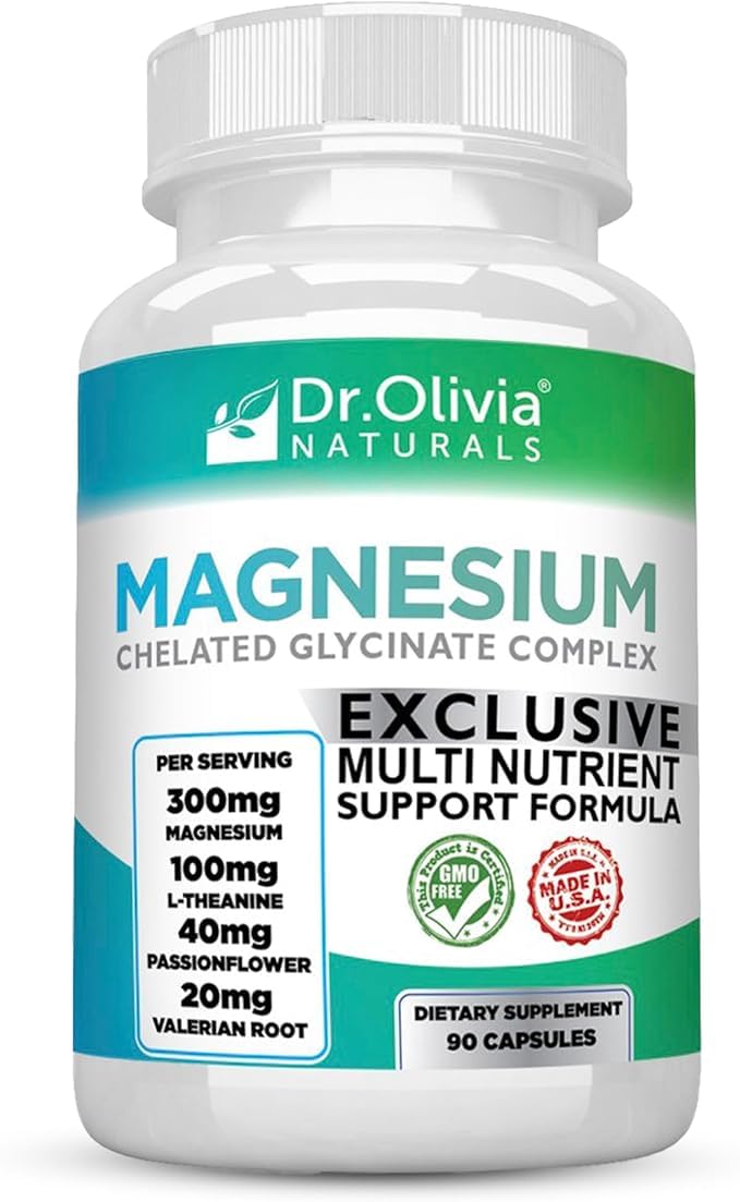 Dr. Olivia Naturals Magnesium Glycinate Complex - L-Theanine, Passionflower & Valerian Root for Sleep Support Supplement, Nerve & Muscle Health, High Absorption - 90 Vegetarian Capsules Dr. Olivia NaturalsAu supplements