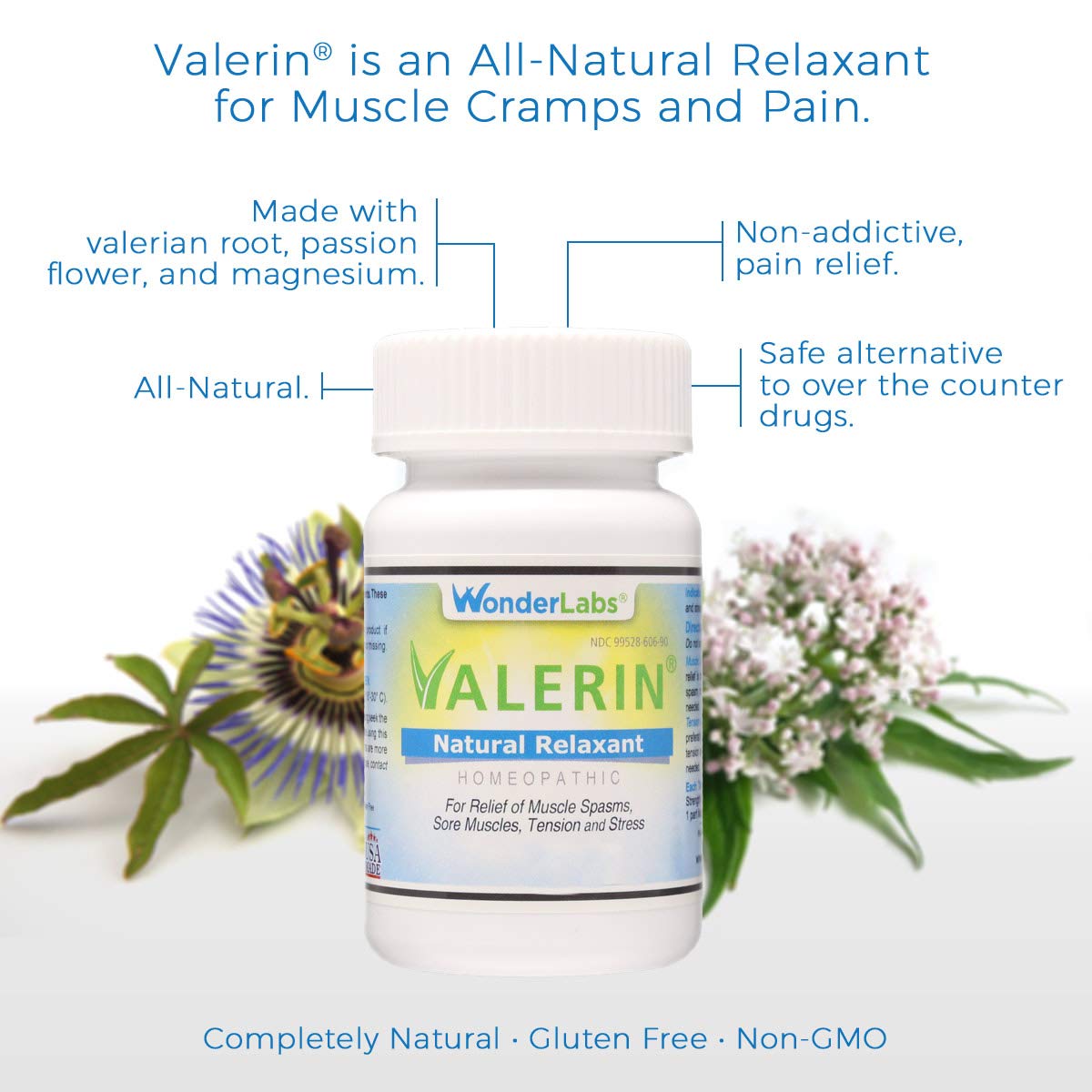 Valerian Natural Relaxant for Tension Relief, Stress Relief, Leg Cramp Relief and Other Muscle Cramps Magnesium, Passion Flower, & Valerian Root Muscle Relaxant - (90ct) Wonder LaboratoriesAu supplements