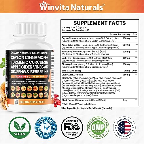 Ceylon Cinnamon 3000mg Apple Cider Vinegar 3000mg Turmeric 2000mg Panax Ginseng Winvita NaturalsUS supplements