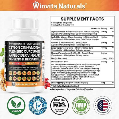 Ceylon Cinnamon 3000mg Apple Cider Vinegar 3000mg Turmeric 2000mg Panax Ginseng Winvita NaturalsUS supplements