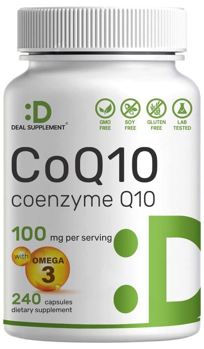 CoQ10 100mg, 240 Capsules – with Omega 3 Fatty Acid 100mg – Bioavailable Coenzyme DEAL SUPPLEMENTUS supplements
