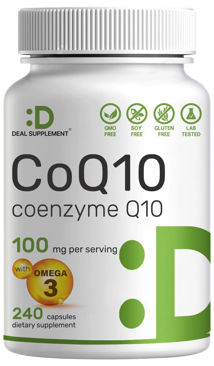 CoQ10 100mg, 240 Capsules – with Omega 3 Fatty Acid 100mg – Bioavailable Coenzyme DEAL SUPPLEMENTUS supplements