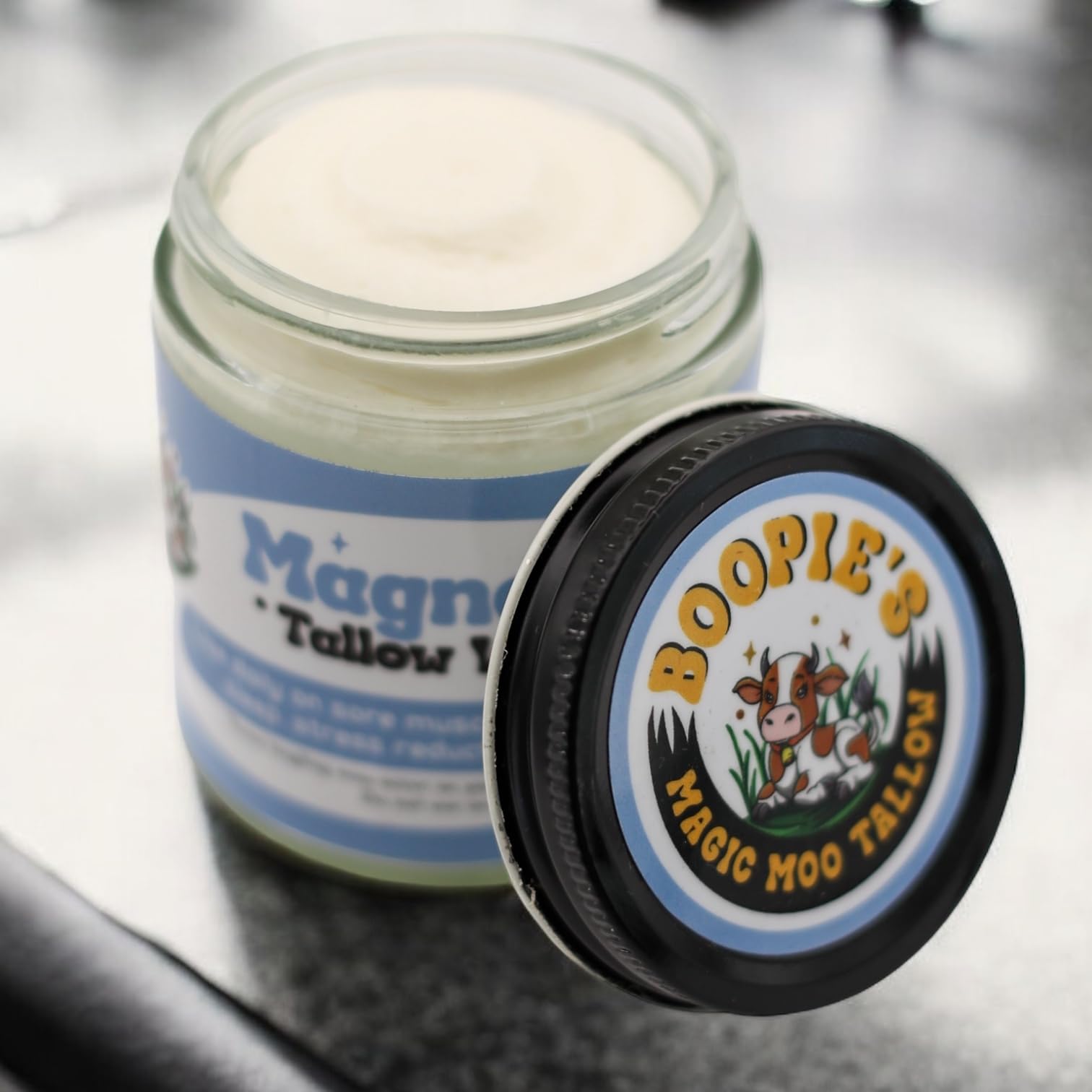 Magic Moo Magnesium Whipped Tallow Skincare for sore muscles, sleep, muscle and period cramps, stress, relaxation & more. Topical magnesium that works. Boopie's Magic Moo TallowAu supplements