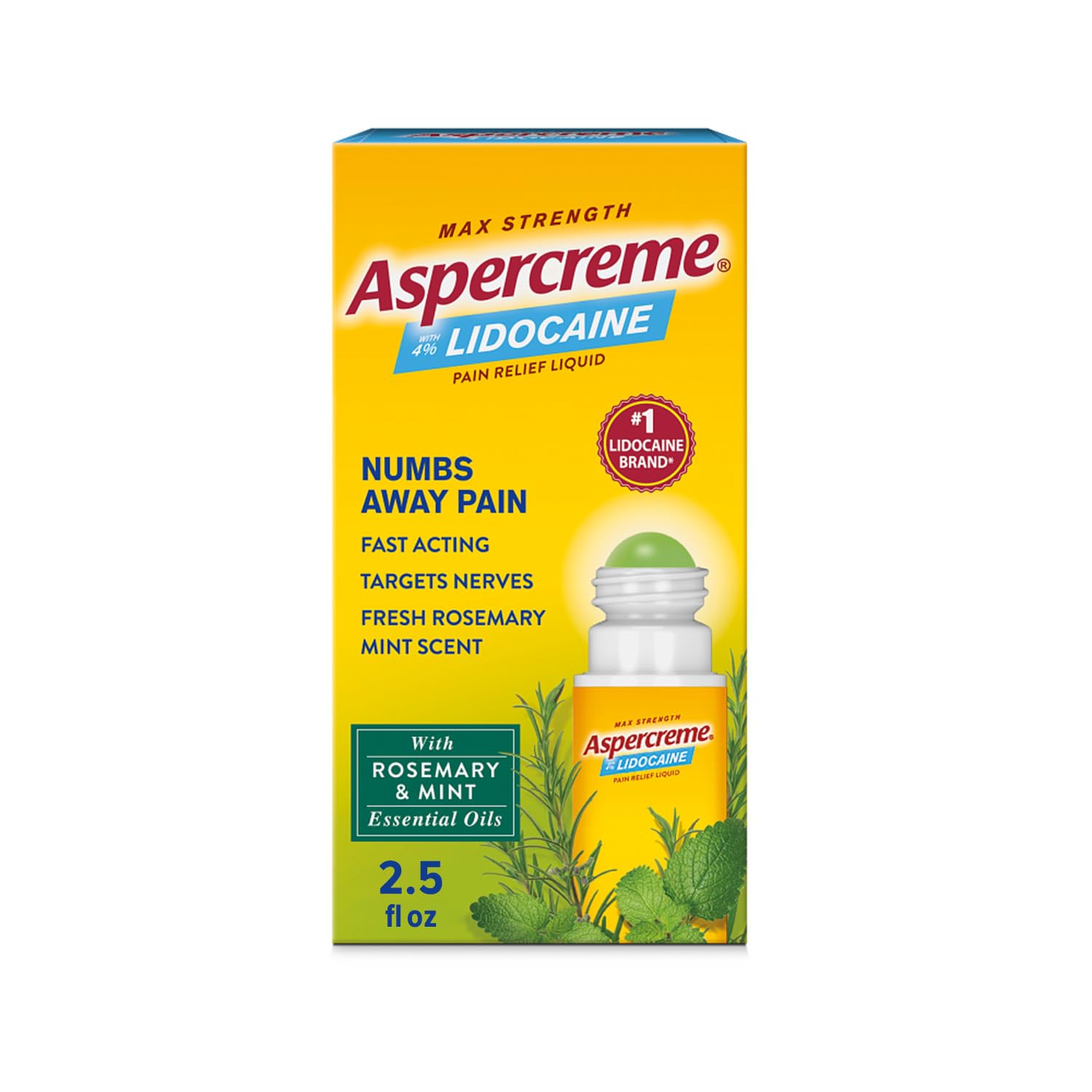 Aspercreme Essential Oils Lidocaine Pain Relief with No-Mess Roll-On Applicator, Max-Strength Lidocaine Numbs Away Nerve Pain, Moisturizing Aloe Hydrates Skin, Rosemary & Mint, 2.5 Oz. AspercremeAu supplements